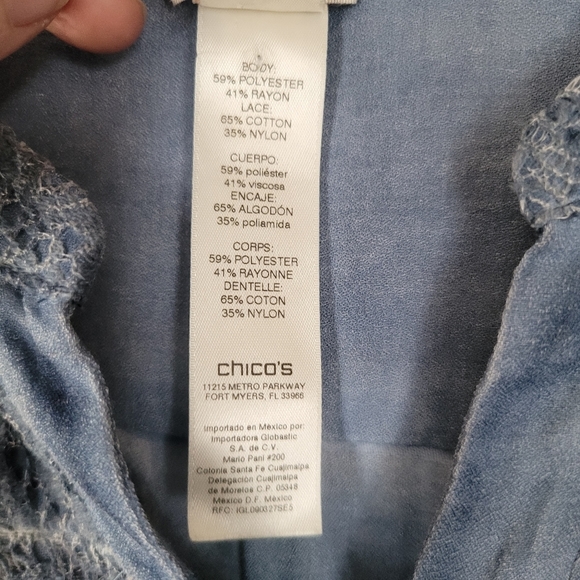 Chico's Women's Size 1 Blue Lace Long Sleeve Button Down Denim Look Shirt - Picture 7 of 13